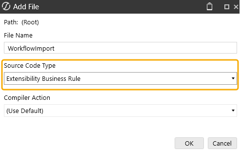 The Add File dialog box displays and Extensibility Business Rule is selected from the  Source Code Type drop-down menu